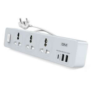 GM Cuba 3341 Extension Board with USB Port Type A & C | 2500 Watt Switch Board Surge Protector | Spike Guard with 1.8 Mtr Cord, 3 International Sockets | Fireproof Upto 750 Degree | 1 Year Warranty