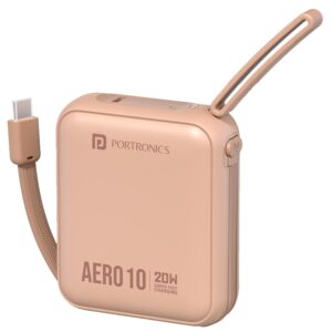 Portronics Aero 10 10000 mAh 20W Fast Charging Mini Power Bank with Detachable Type C Cable, Type C PD Input/Output Port, LED Indicator, Wake Up Button, Strong Lanyard, Light Weight (Mocha)