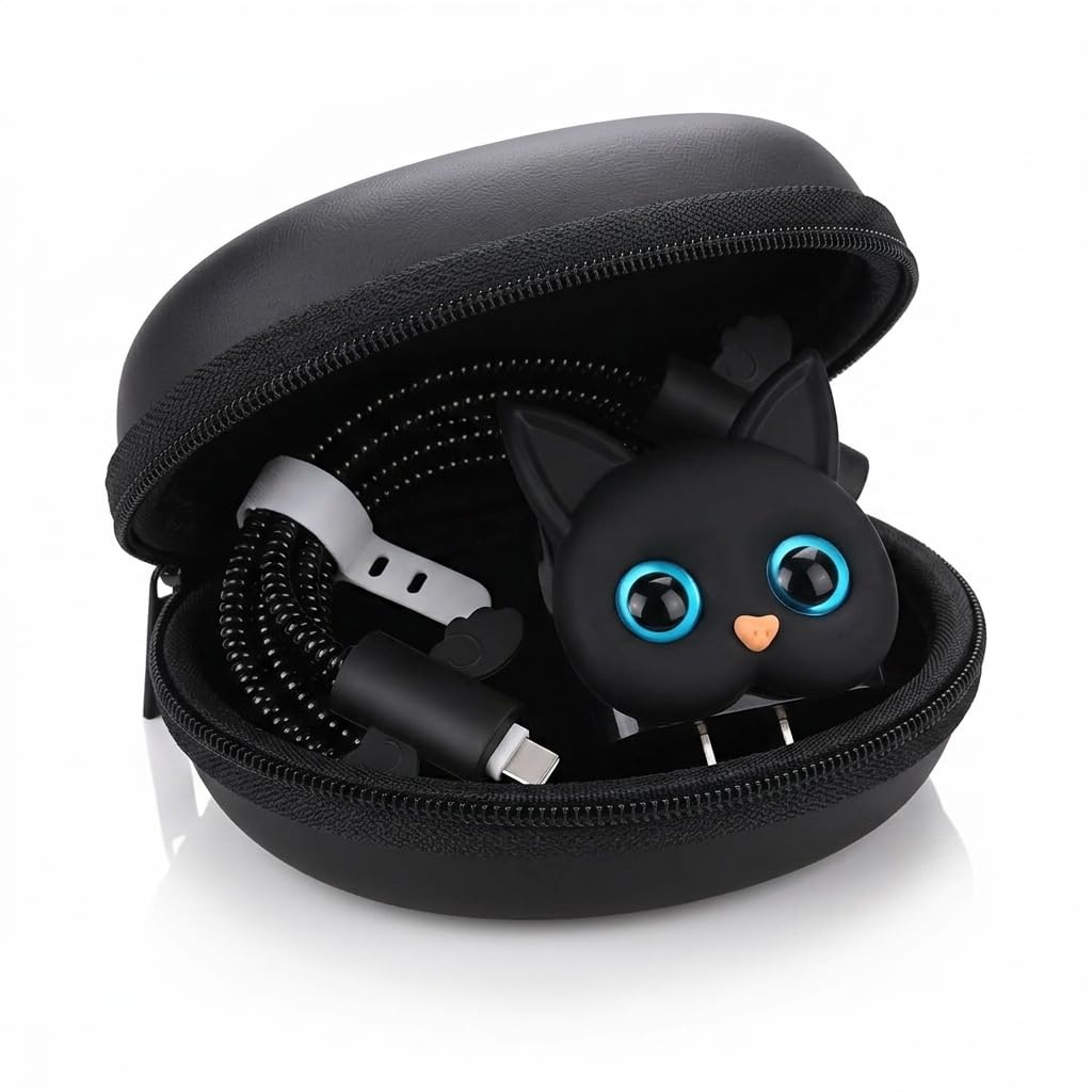 JAMPOD for iPhone Charger Protector Case 18W/20W with Carry Black Case Combo Set 5 in 1 Silicone, 3D Cute Kawaii Aesthetic Charger Protective Design for Apple Chargers Only - Blackcat