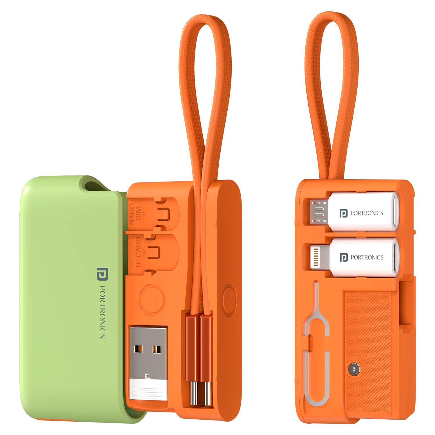 Portronics Snapcase Ultra Multifunctional 8-in-1 Cable & tool Kit, 60W Fast Charging, USB-A, Type-C to Type C, 8-Pin & Micro Adapters, SIM & Micro SD Holder, High-Speed Data transfer, Green