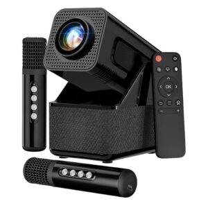 Drumstone Smart Projector & Karaoke System with Dual Microphones, 20W Soundbar, Native 1080P, 4K Support, Wireless Connectivity & Stand