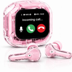 AIRMAX Screen TWS, Smart Touch Display True Wireless Buds, BT5.4 with Low Latency Gaming Mode, Type-C Fast Charging, Spatial Audio, 4 Mics ENC for Clear Calling, EQ Mode (Pink)