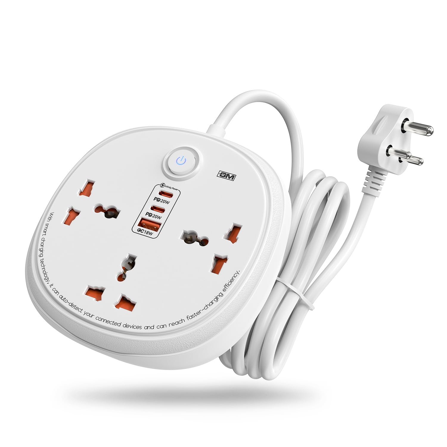 GM G+ 6-in-1 Power Strip | 20W + 20W + 18W Independent Fast Charging, No Power Sharing | 3 Universal Sockets | 2M Cord, 2500W | Surge Protection, Child Shutter, Flame-Retardant | 1 Year Warranty