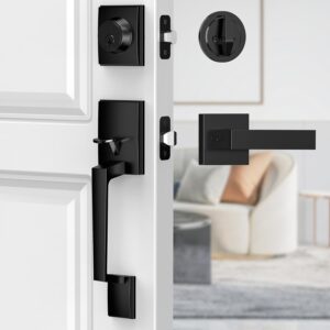 Black Front Door Handle and Deadbolt Set, Modern Front Door Lock Set, Matte Black Exterior Door Handle with Door Lever, Reversible Front Entry Door Handle Set for Right&Left Handed