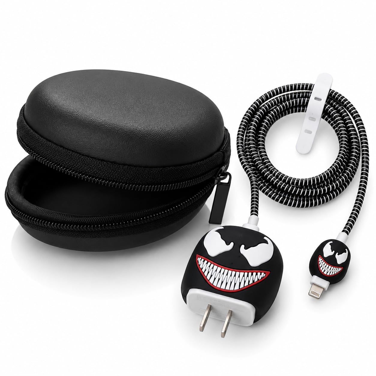 JAMPOD for iPhone Charger Protector Case 18W/20W with Carry Black Case Combo Set 5 in 1 Silicone, 3D Cute Kawaii Aesthetic Charger Protective Design for Apple Chargers Only - Venom