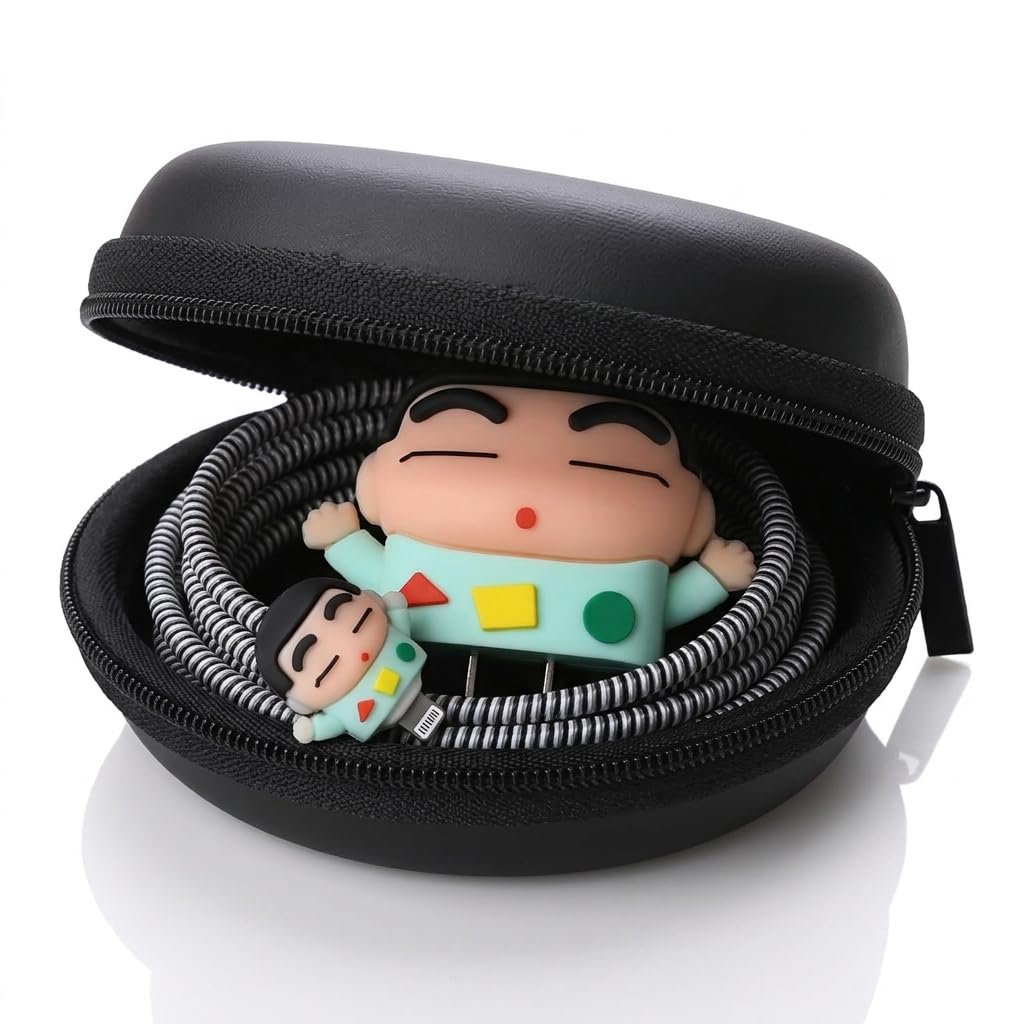 JAMPOD for iPhone Charger Protector Case 18W/20W with Carry Black Case Combo Set 5 in 1 Silicone, 3D Cute Kawaii Aesthetic Charger Protective Design for Apple Chargers Only - Sinchan
