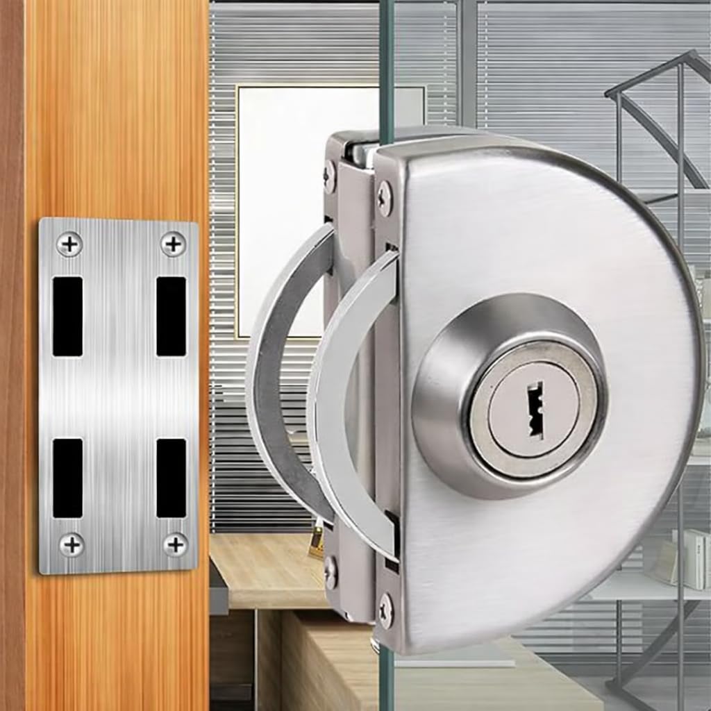 Stainless Steel Wall to Glass Door Lock with Key | Heavy Duty Lock | One Side Key One Side Knob | Safety Lock for Glass Door Office & Home (5 Year Durability)