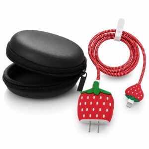 JAMPOD for iPhone Charger Protector Case 18W/20W with Carry Black Case Combo Set 5 in 1 Silicone, 3D Cute Kawaii Aesthetic Charger Protective Design for Apple Chargers Only - Starwberry