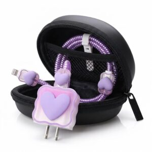 JAMPOD for iPhone Charger Protector Case 18W/20W with Carry Black Case Combo Set 5 in 1 Silicone, 3D Cute Kawaii Aesthetic Charger Protective Design for Apple Chargers Only - Purple Heart