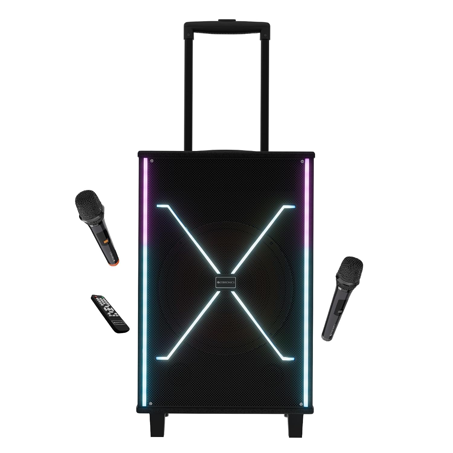 Zebronics 120W Party Trolley DJ Speaker, Upto 5h Playback, Dual UHF Mic, Karaoke, Full-Range 30.48cm Driver, TWS, 6.3mm Mic & Guitar in, Bluetooth, USB, AUX, RGB, LED Display (Party Fyre 400)