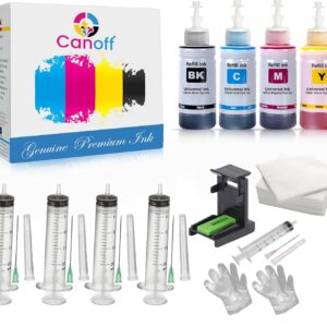 CANOFF CMYK Refill Kit with Suction Tool Combo Pack of High Yield Inkjet Cartridge Ink Refill Compatible for HP and Canon Cartridge Printers - 100ml Per Bottle (Cyan, Magenta, Yellow, Black)