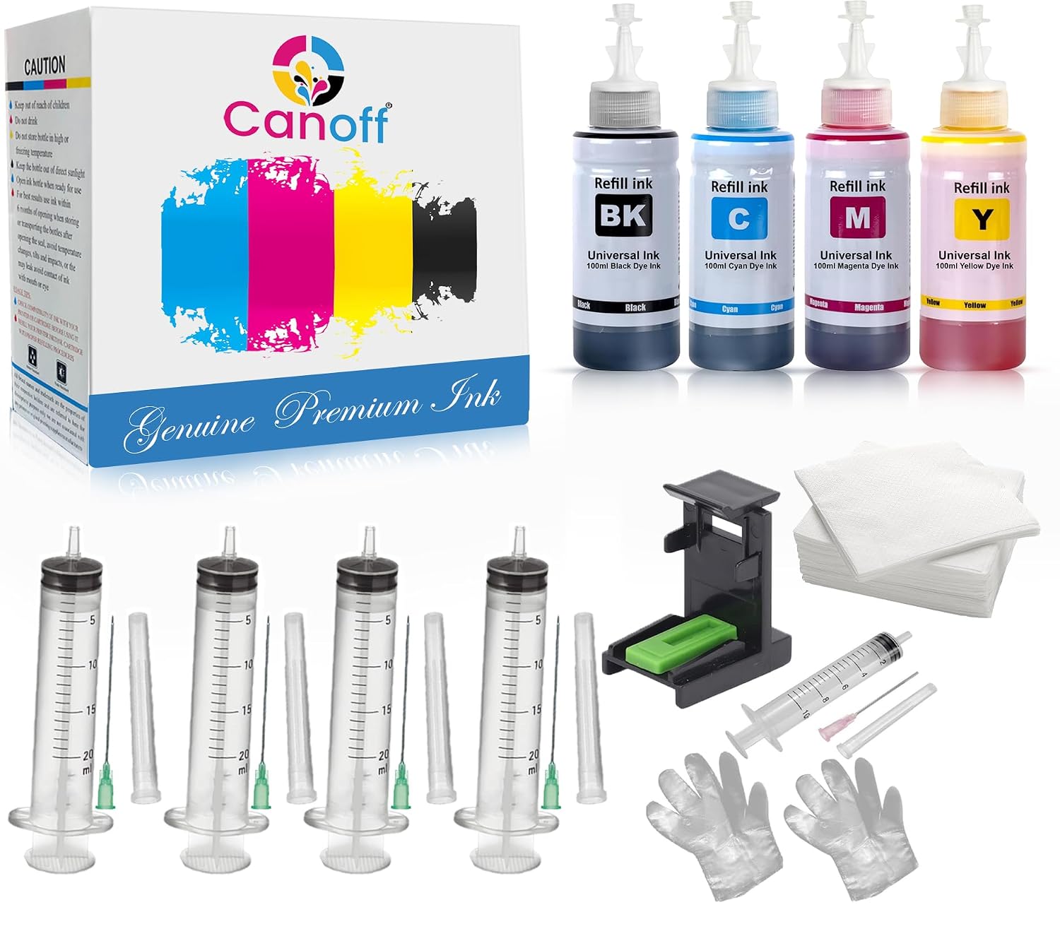 CANOFF CMYK Refill Kit with Suction Tool Combo Pack of High Yield Inkjet Cartridge Ink Refill Compatible for HP and Canon Cartridge Printers - 100ml Per Bottle (Cyan, Magenta, Yellow, Black)