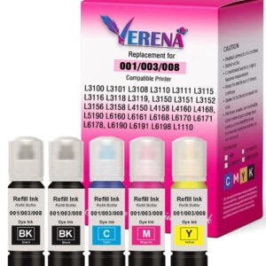 VERENA 003 Refill Ink Compatible for Epson L3110, L3150, L3250, L3252 L3115, L3116, L3101, L3210, L3215, L3216, L3151, L3152, L3156, L5190 Printer (Black-2pcs & Color-3pcs)