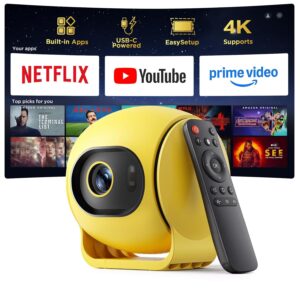 [Ultra Short Projection Distance and Built-in Apps] Android 14 Smart Projector with WiFi and Bluetooth, USB-C Powered, 1080P FHD HDR10, Autofocus/Keystone, YQHS Mini Portable Projector for