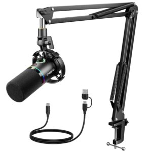 MAONO XLR/USB Dynamic Microphone for Gaming PC, RGB Podcast Mic for YouTube with Software, Mute, Gain Knob, Volume Control, Boom Arm for YouTube Gaming, Singing, Recording, Streaming, PD200XS Black