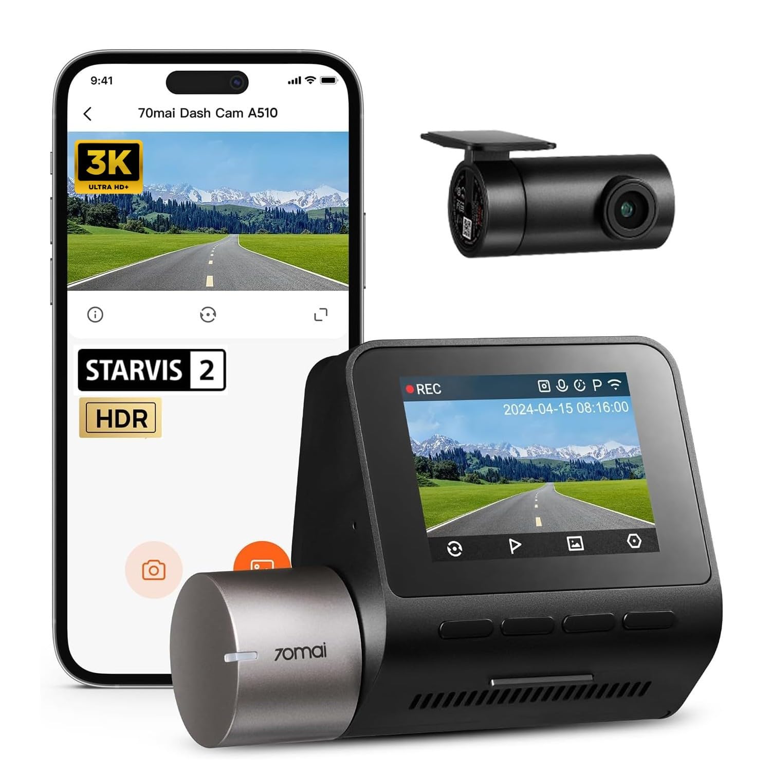 70mai A510 HDR 3K Dual Channel Dash Cam, STARVIS 2 IMX675 Sensor, ADAS, Built-in GPS Logger, Route Recorder, MaiColor Vivid+ with Night Owl Vision, App Playback & Share, Optional Parking Monitoring