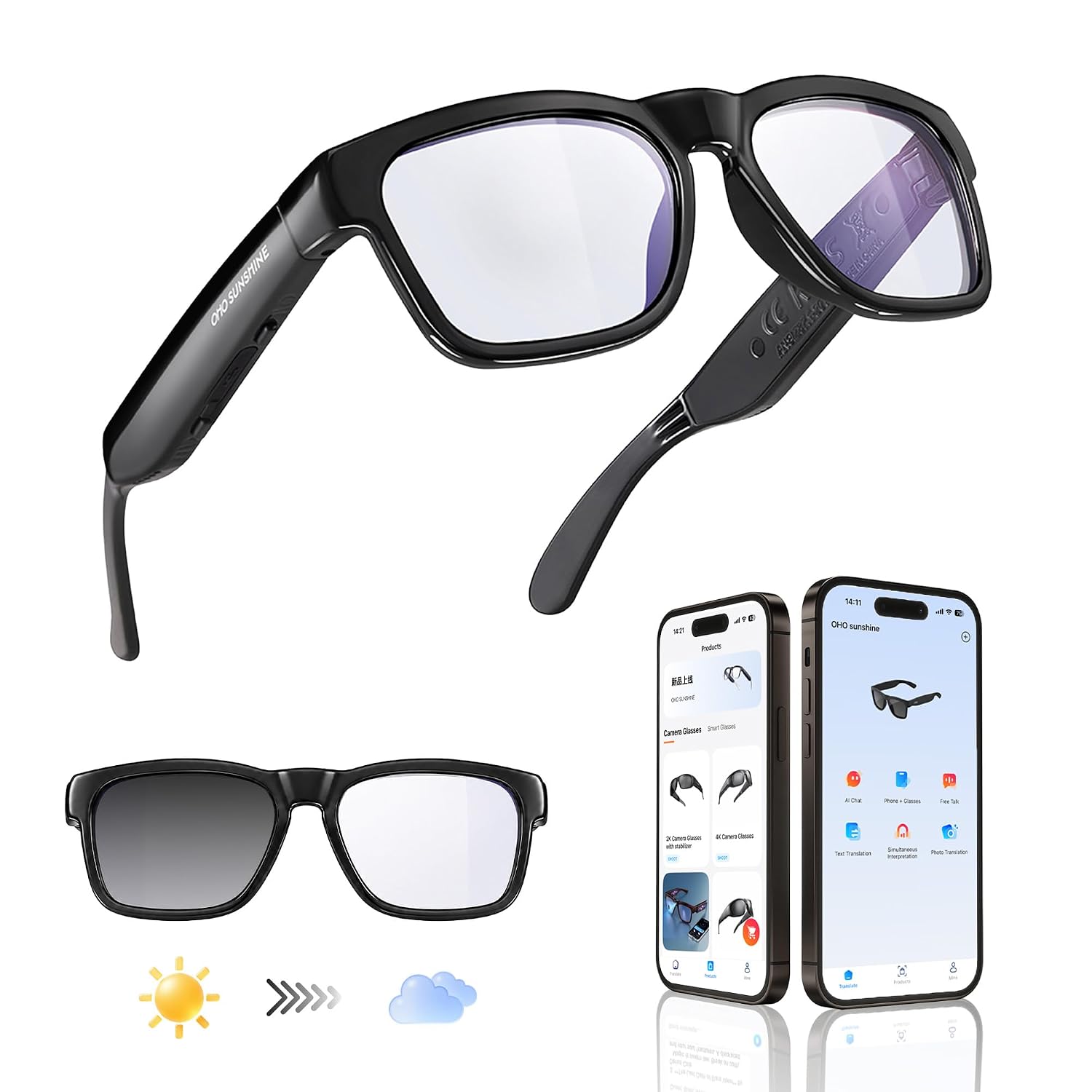 OhO sunshine AI Smart Glasses for Men & Women, Bluetooth Smart Sunglasses with Open Ear Audio & ChatGPT Real-Time Translation (165 Languages), Smart AI Glasses with 10H for Meeting Travel