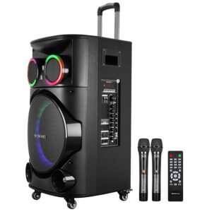 ZEBRONICS GINOX Plus Party Trolley DJ Speaker,160W,Upto 10H Battery,Karaoke,BT V5.0 | TWS | USB | Msd | 2X Mic & Guitar Input | Aux in/Out,RGB LED,12Full Range Driver,with 2X UHF Wireless Mic,Black