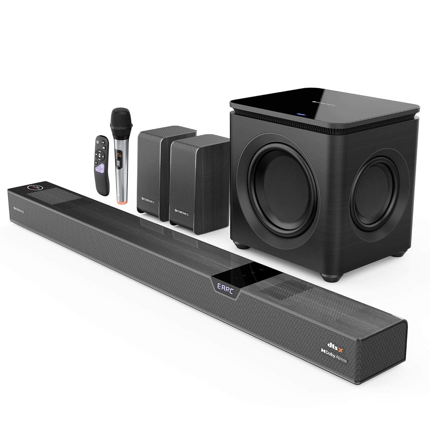 ZEBRONICS 1100 Watts Powerful Soundbar, 7.2.4 Home Theatre, Wireless, Dual Satellites & Driver Subwoofer, Dual Radiators, DTS X,Dolby Atmos, Karaoke UHF Mic, HDMI Earc, Optical (Juke BAR 10000), Black