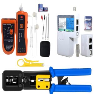 COOLCOLD RJ45 Crimping Tool with Wire Tracker Tester, RJ11 RJ45 Line Finder & LAN Cable Tester, Pass Through Cat5 Cat5e Cat6 Network Crimper Kit with Remote Cable & Stripper