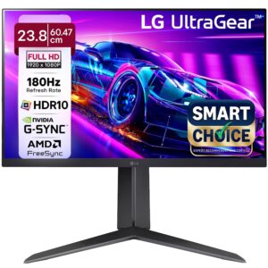 LG 24GS65F Smartchoice 60.47cm (23.8Inch) Ultragear FHD (1920x1080) IPS Gaming Monitor, 180Hz, 1ms, NVIDIA G-SYNC Compatible, AMD FreeSync, DP, HDMI, Tilt/Height/Pivot Adjustable, Anti-Glare (Black)