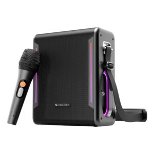 ZEBRONICS Axon 150 Portable Bluetooth Speaker, 100W RMS, Built-in Power Bank, Zeb AcoustiMax DSP, Dual Passive Radiators, Up to 7h Playback, RGB Lights, BT v5.3, USB, mSD, AUX, Wireless Mic (Black)
