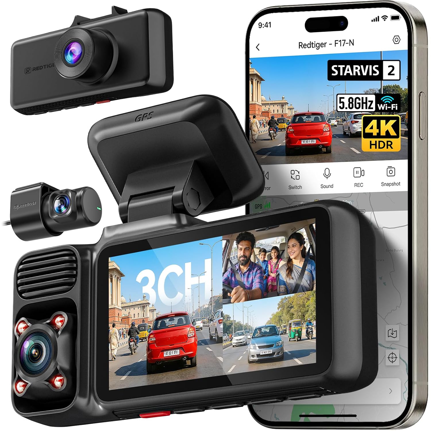 REDTIGER F17 2026 Edition 4K 3 Channel Dash Cam, Upgraded STARVIS 2 IMX675 Sensor, 4K Front+1080P Cabin+1080P Rear, 5.8G WiFi GPS, IR Night View, WDR, 512GB Max (Card Not Included