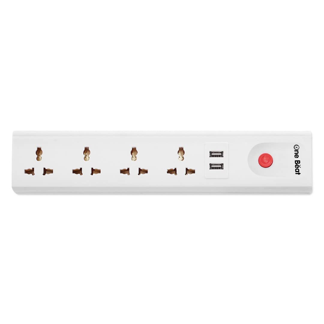 One Beat Extension Board with 4 Socket, 2 USB Ports, 2 Meter Power Cable, with Power Load 10 AMP, Fuse Protection (4 Socket + 2 USB Port)�