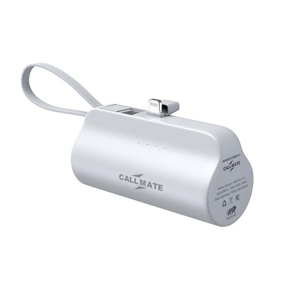 Callmate PowerPod 5000mAh Pocket-Sized 15W Portable Power Bank with Plug-in Lightning Output & inbuilt Type C Cable- Compatible with All Smartphones Including iPhone, Samsung Galaxy, and More (White)