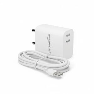 Amazon Basics 12W Dual Port Fast Charger | 12W Max Output | Includes 1 M Type C Cable | Universal Compatibility, White