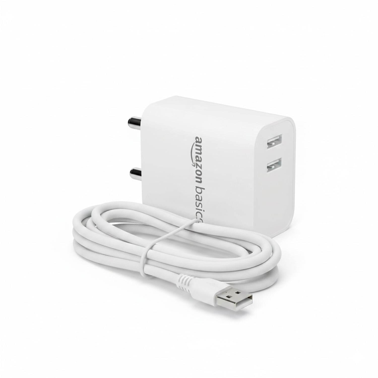 Amazon Basics 12W Dual Port Fast Charger | 12W Max Output | Includes 1 M Type C Cable | Universal Compatibility, White