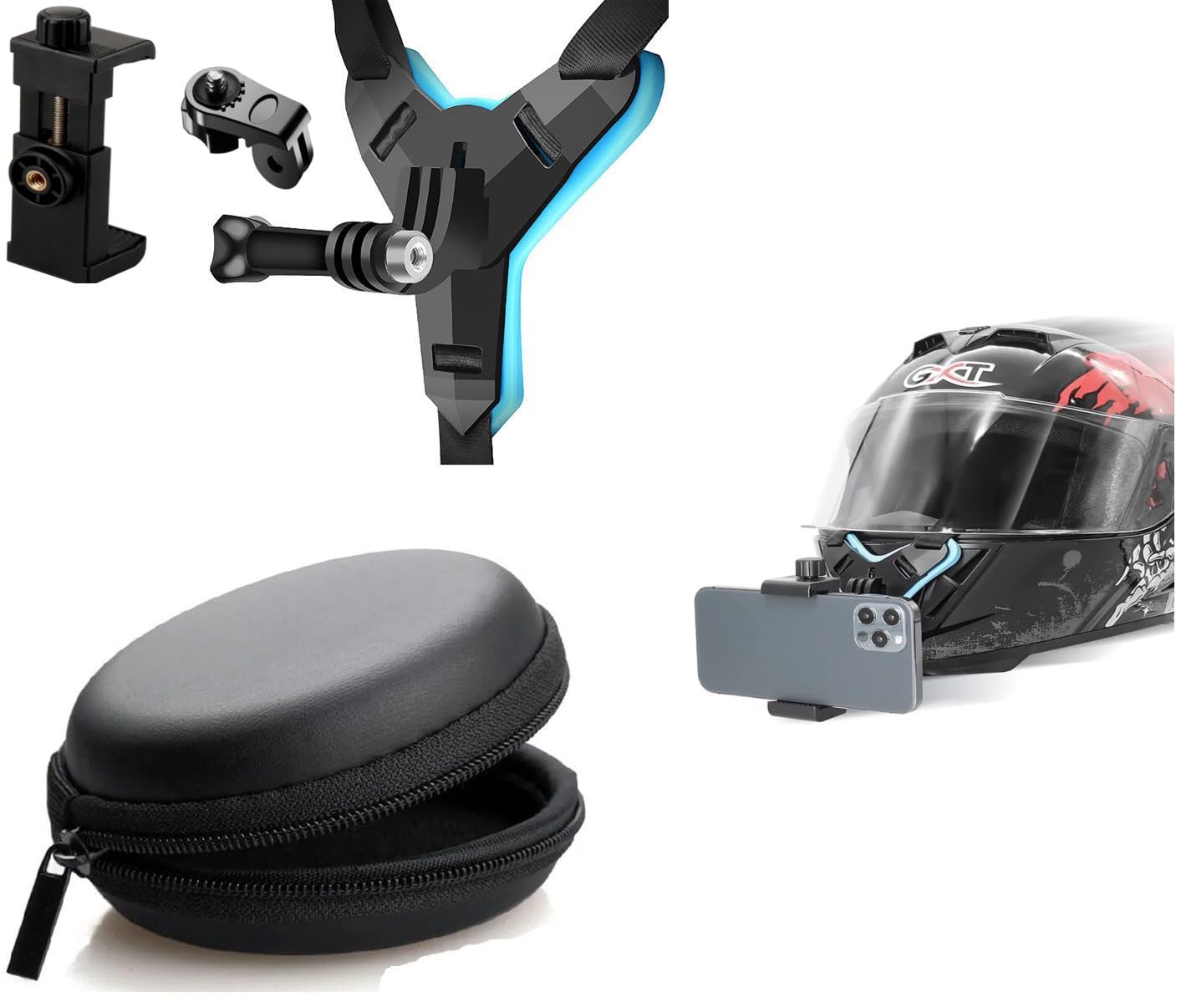 Like Star Helmet Chin Strap Mount with Mobile Holder Clip & Compatible with All Smart Phones Go pro Hero 9/8/7/6,SJCAM, Yi, DJI Osmo Action with (Earphone Carrying Case Pouch Cover Black)