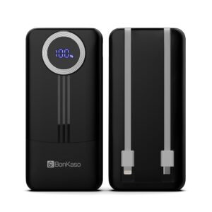 BonKaso 10000mAh Power Bank 22.5W PD Fast Charging with Built-in 2-in-1 Type C & Lightning Cable, Digital Display, Dual USB Output, Compact Portable Charger for Android, iPhone, Tablets � Black