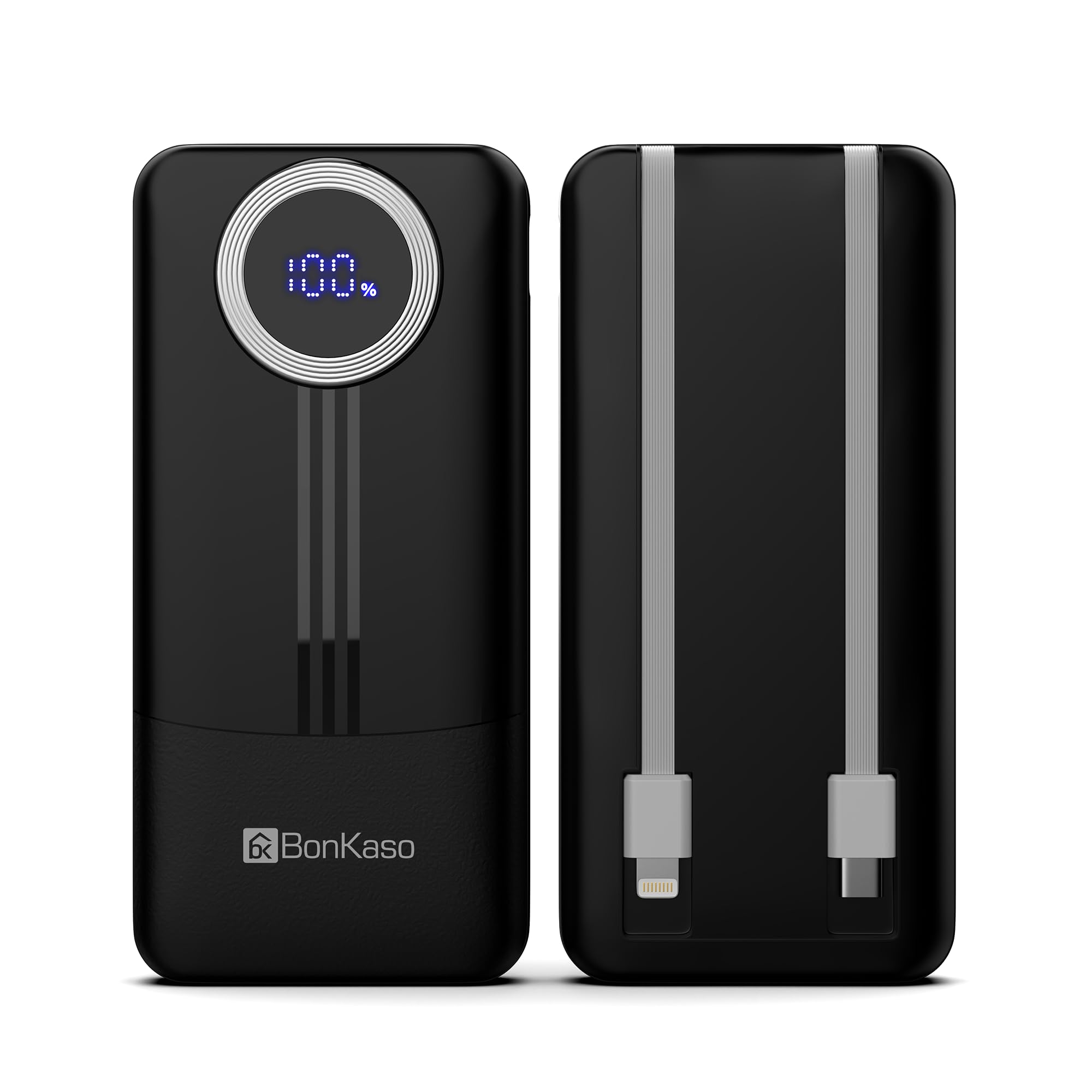 BonKaso 10000mAh Power Bank 22.5W PD Fast Charging with Built-in 2-in-1 Type C & Lightning Cable, Digital Display, Dual USB Output, Compact Portable Charger for Android, iPhone, Tablets � Black
