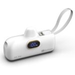 BonKaso 5000mAh Mini Power Bank 22.5W PD Fast Charging, USB-C Type-C Input/Output, Built-in i5 Cable, Digital LED Display, Compact Pocket Portable Charger for iPhone & Android � White