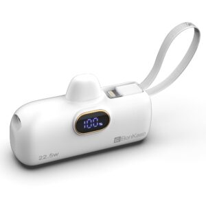 BonKaso 5000mAh Mini Power Bank 22.5W PD Fast Charging, USB-C Type-C Input/Output, Built-in i5 Cable, Digital LED Display, Compact Pocket Portable Charger for iPhone & Android � White