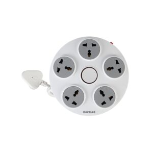 Havells Wheel Star 5X 5+1 Round Extension Board | Overload, Over Current & Over Voltage Protection | 1.5 Mtr Copper Wire | ISI Certified Wire & Plug | Universal 3 Pin 5 Sockets | LED Indicator | Home & Office Use