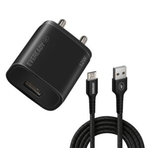Eveready 12W Compact Charger,Lightweight Design,BIS Certified,Complete Protection Against Overvoltage & Overload at Output,Universal Compatibility (Cable Included) Black