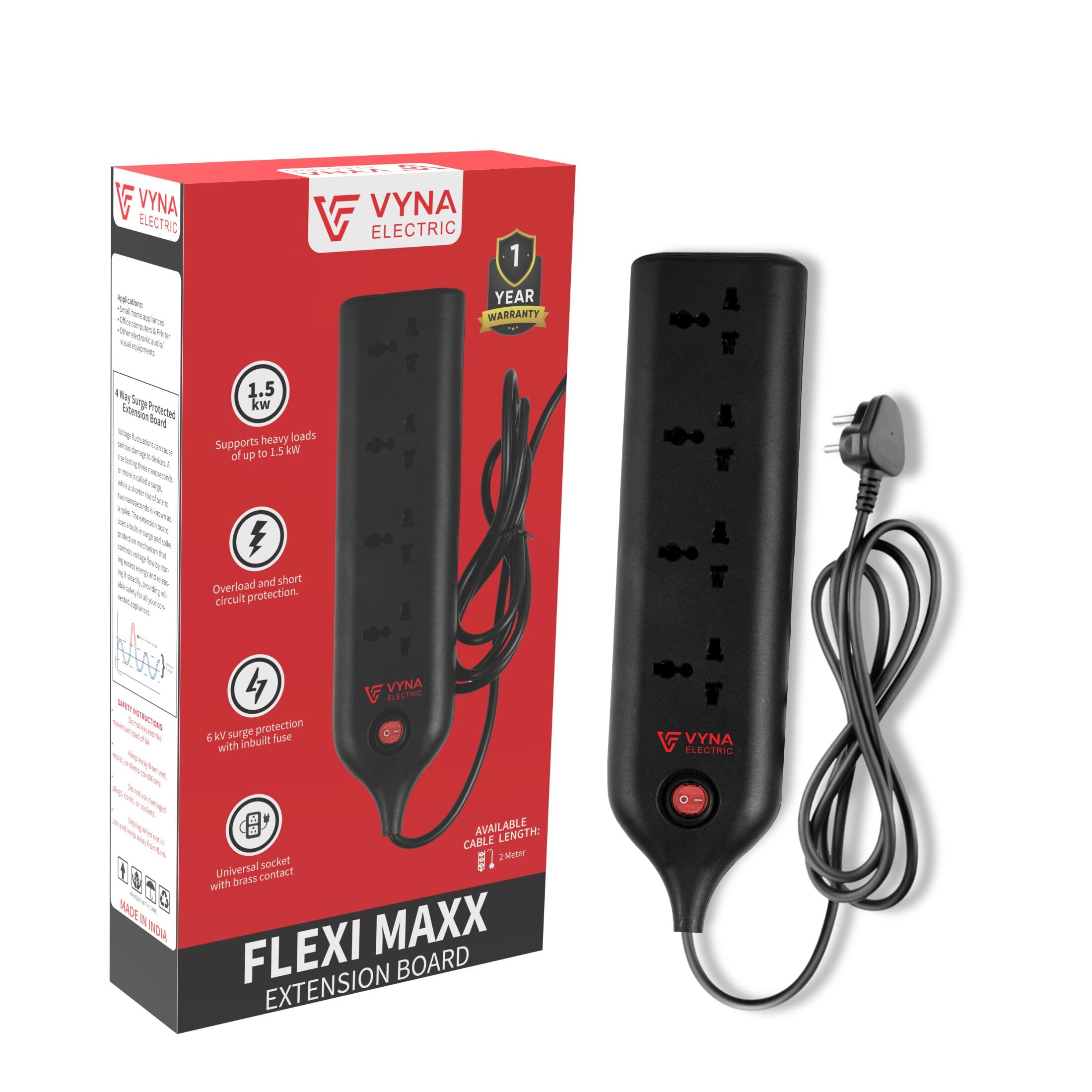 4-Way Extension Board with Surge & Spike Protection, 1440W Power Capacity, 2 Meter Copper Cord, LED Power Indicator, 6A 240V Rating, for Home & Commercial Use -Black Colour.